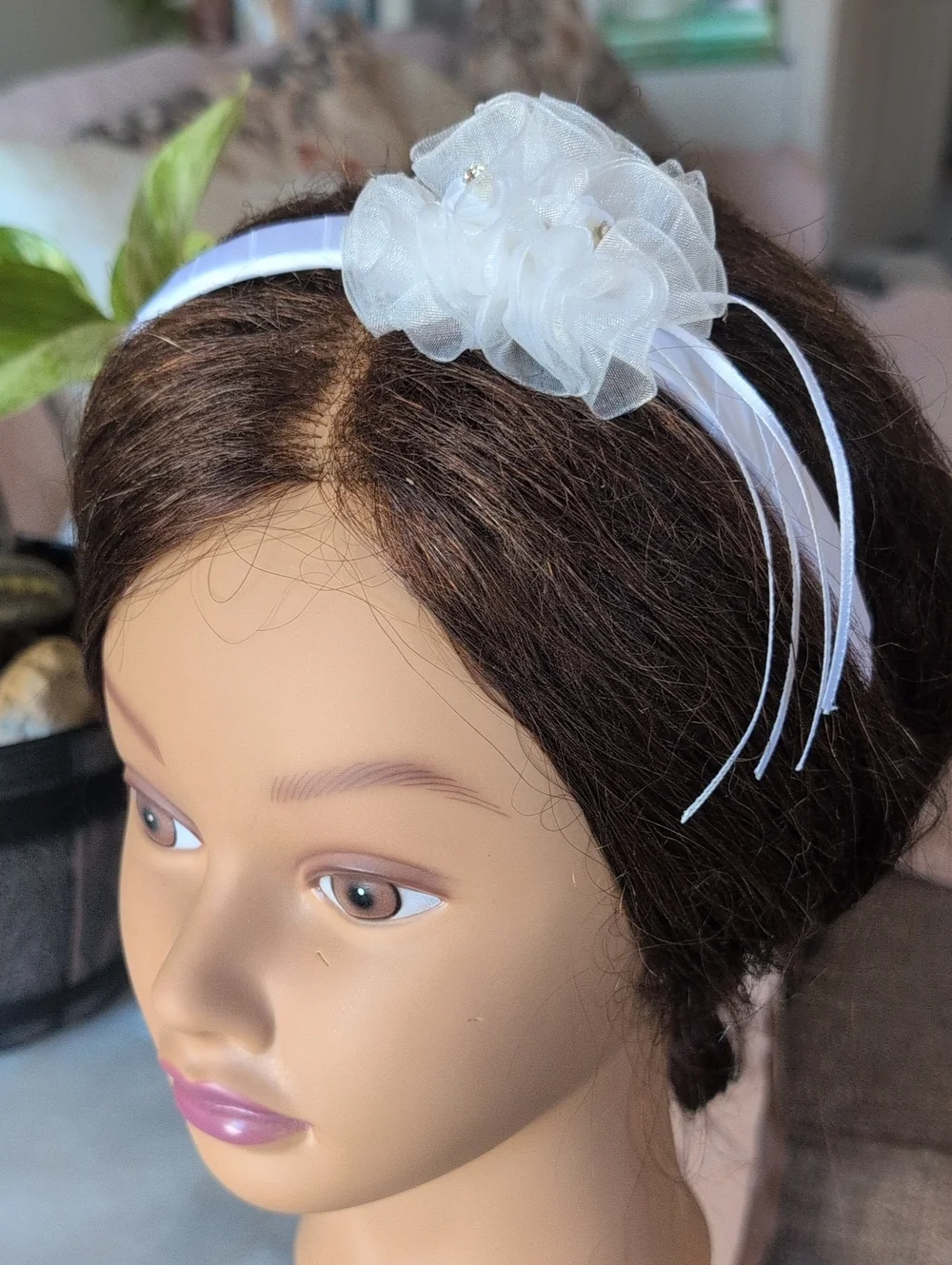 Girl White Organza Flower Headband with Rhinestone Accents